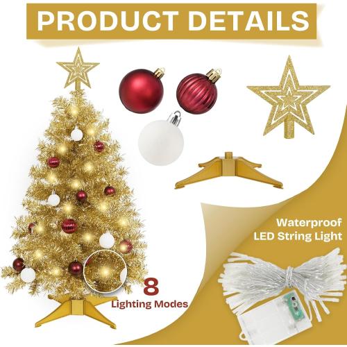 SUNSHINE DECOR Champagne Christmas Tree with Light 3ft Artifical Full Christmas Tree with Ball & Star Ornaments 8 Lighting Modes for Holiday Decor