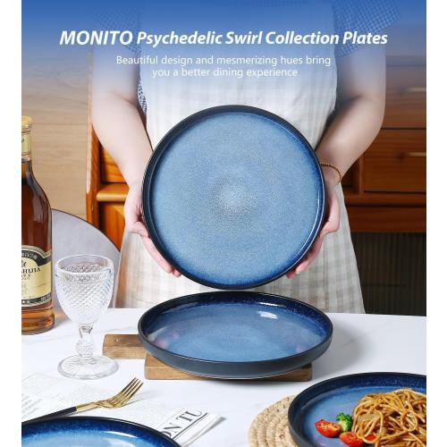 MONITO Ceramic Dinner Plates Set of 6,10.5 Inch Reactive Glaze Porcelain Plates, Dinnerware Dishes Set for Kitchen, Blue Ice