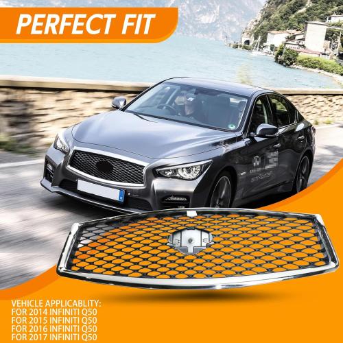 Front Cover Upper Bumper Chrome Grille Fit 2014-2017 for Infiniti Q50 Gloss Front Mesh Air Intake Assembly Replacement Shroud