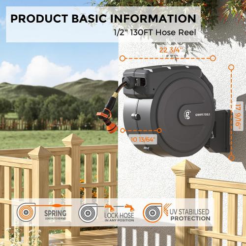 Giraffe Tools Retractable Garden Hose Reel 1/2130FT Wall Mount Auto Rewind | Any Length Lock,Auto Rewind System,180° Swivel Bracket,Heavy Duty Hybrid Hose,Easy to Assemble,7 Spray Patterns