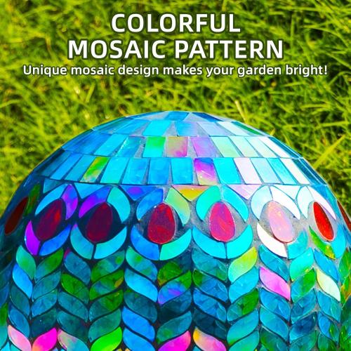 VOREEN Mosaic Gazing Ball, 10 Handmade Glass Reflective Garden Globe, Outdoor Yard Patio Lawn Decoration Sphere, Peacock Feather Design, Blue