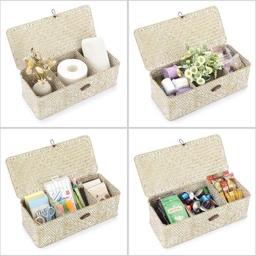 Hipiwe Seagrass Storage Basket Bin 3 Sections Hand-Woven Wicker Baskets with Lid Bathroom Basket Toilet Tank Baskets Holder for Organize Snack Tissue, Whitewash