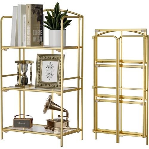 Crofy No Assembly Folding Bookshelf for Living Room, 3 Tier Gold Collapsible Book Shelf for Home Office, Portable Bookcase Storage Organizer