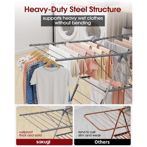 Sakugi Clothes Drying Rack, Foldable 2-Level Laundry Drying Rack with Height-Adjustable Wings, for Clothing & Bedding, Free-Standing Space-Saving Rack, Indoor & Outdoor, 55.5 L × 22.8 W, Gray