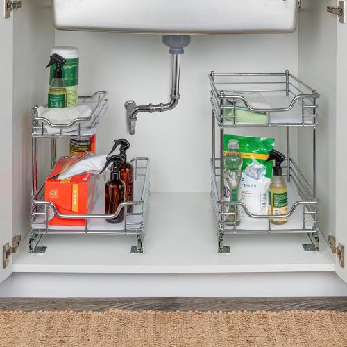 Household Essentials Glidez Multipurpose Chrome-Plated Steel Pull-Out/Slide-Out Storage Organizer with Plastic Liner for Under Cabinet Use - 2-Tier Design - Fits Standard Size Cabinet or Shelf, Chrome
