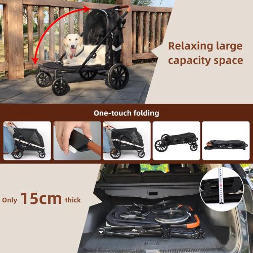 Dog Stroller for Large Dogs One-Click Folding 4 Wheel Foldable Dog Stroller for 2 Dogs with Storage Pocket Suitable for Pets Up to 80LBS (Black, Large)