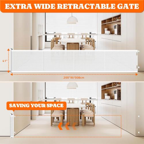 Pawtners Retractable Baby Gates Extra Wide, 41 Tall Extends up to 200 Wide, Dog Gate Indoor for Stairs, Pet Gate with Support Rods for Doorways Hallways Garage Indoor & Outdoor-White