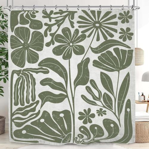 Sage Green Retro Matisse Flower Shower Curtain 60Wx72L Inch Vintage Aesthetic Minimalist Cute Art 70s Trendy Modern Bathroom Set Accessories Decor with 12 Pack Hooks