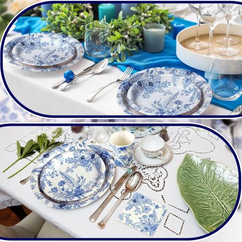 Dandat 250 Pcs Blue Floral Paper Plates and Napkins Blue Bridal Shower Tea Party Decorations Blues White Floral Tableware Set for 50 Guests Disposable Plates Napkins Cups Wedding Baby Bridal Shower