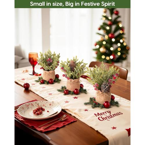 Velener Artificial Christmas Flowers for Outdoor-3 Pcs Faux Pine Branches with Red Berries & Pinecones, Fake Christmas Greenery Stems with Burlap Bag Vase, Winter Norfolk Pine Branches for Indoor
