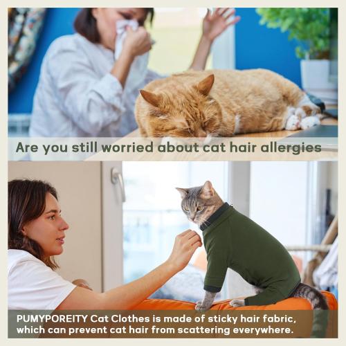 PUMYPOREITY Sticky Hair Cat Clothes, Prevent Hair Loss Cat Pajamas, Soft Cat Sweaters for Cats Only, Cat Hair Sticky Onesie, Cat Recovery Suit After Surgery, Green, S