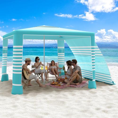 MoKo Beach Cabana, 8'×8' Large Beach Canopy with Side Wall, UPF 50  Protection Easy Setup Beach Tent Sun Shelter, Adjustable Height Wind Resistant Cabana Beach Tent for Whole Family, Green Stripe