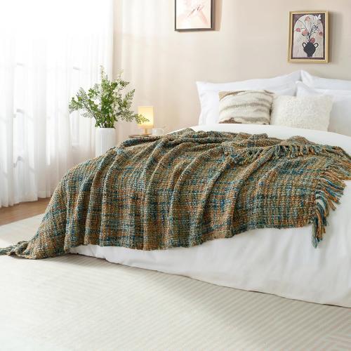 Multi-Color Gold Green Cable Woven Throw Blanket for Couch,50X60 Boho Style Textured Blankets for Home Decor,Super Soft Warm Cozy Chunky Blanket with Decorative Tassels for Bed