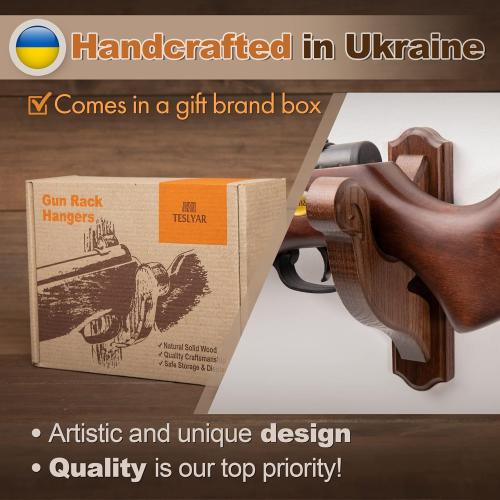TESLYAR Gun Holder Wall Mount - Forked Rifle Hooks for Shotguns and Rifles, Wooden Gun Rack, Real Hardwood, Set of 2, Brown Finish, Rifle Wall Mount Display