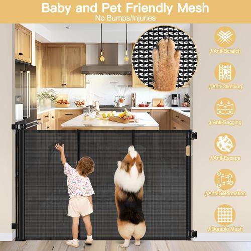 Reinforced 42 Extra Tall Pet Gate 55 Wide Retractable Baby Gate with Support Rods - Retractable Dog Gate Indoor/Outdoor Retractable Gate, Bottom Anti-Escape Tall Dog Gates for Doorways, Black