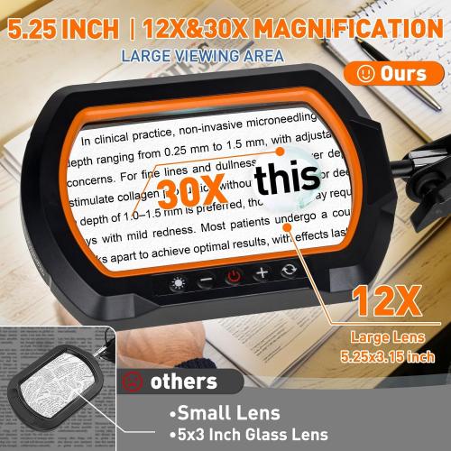 ‼️may be missing items ‼️HITTI 30X & 12X Square Ultra Long Magnifying Glass with Light and Clamp | 3-Section Arm, 5 Color Modes, Stepless Dimming, LED Desk Lamp for Soldering, Jewelry Making, Crafting, Fly Tying-Yellow