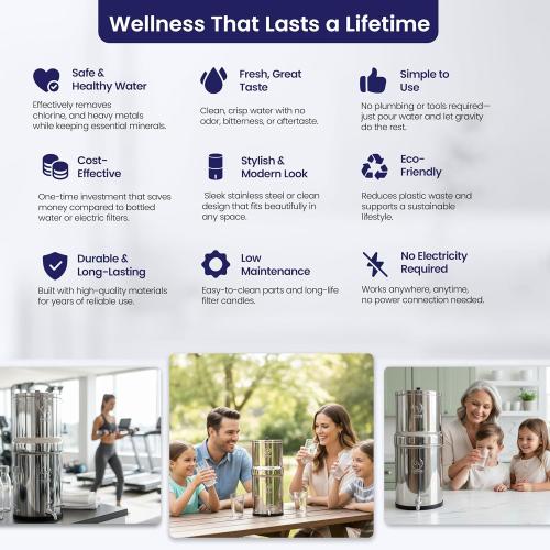 2.25 G | Gravity Water Filter | NSF Certified | AISI 304 Stainless Steel Countertop Water Filter | 2 Carbon Filters | Steel Spigot | Manual Install | No Electricity or Plumbing Required | Portable