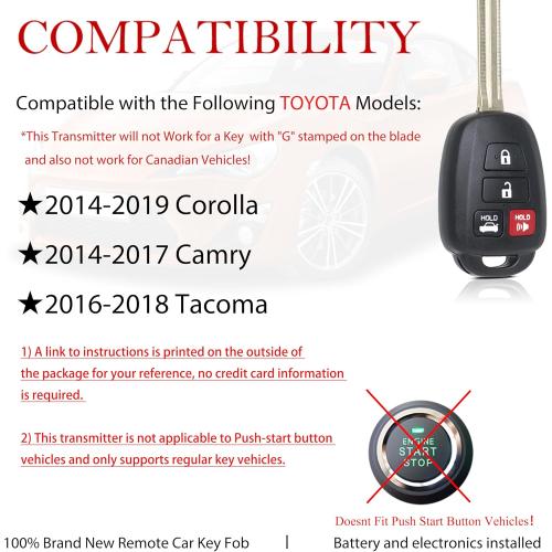 MechanMagic Key Fob Remote Replacement Fits for Toyota Corolla 2014 2015 2016 2017 2018 2019/Camry 2014-2017/Tacoma 2016-2018 HYQ12BDM Keyless Entry Remote Control HYQ12BEL 89070-02880 H Chip