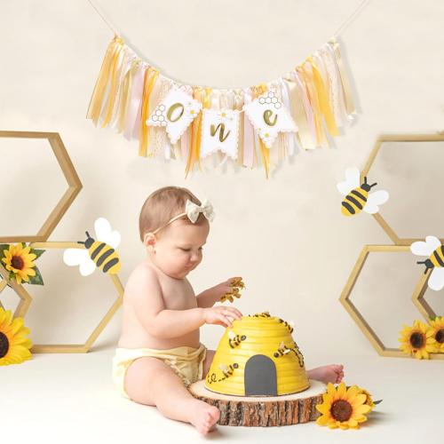 Bee One High Chair Banner Yellow - Bee for 1st Birthday Highchair Banner, Beehive Theme Birthday Party Supplies, Sweet One Party Decorations, Daisy First Photo Props (Beehive Garland Yellow)