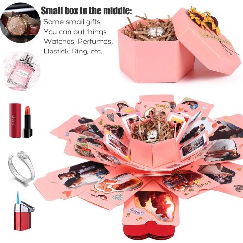 RECUTMS Explosion Gift Box, Handmade Exploding Photo Album Mothers Day Gifts,Gift Box with 6 Faces for Boyfriend, Girlfriend, Wedding, Birthday Party, Memory Box(Pink-6 Sides)