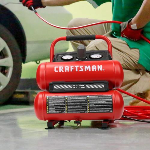 Craftsman 2-Gallon Air Compressor, 1/3 HP Oil-Free Twin Tank, 125 PSI | Lightweight, Home DIY, Tire Inflation, Spray Painting, Oil-free, Low Maintenance, Quiet Operation, 0.5 CFM @ 90PSI