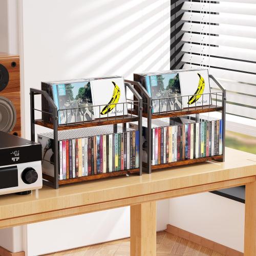 2-Tier CD Holder 2 PCS, CD Storage Shelf for Display, CD Organizer with Dispay Top Shelf, Premium CD Rack for Home, Holds Up to 120 standard, Ideal for Music Enthusiasts (Brown 2PCS)