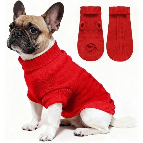 Knitted Dog Sweater for Small Dogs, Pullover Turtleneck Pet Sweaters, Winter Dog Clothes, Warm Soft Winter Holiday Cat Sweater, Red, XS