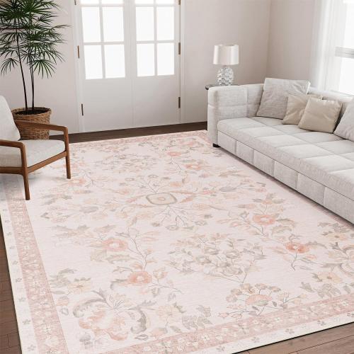 Area Rugs Washable,Large Floral Rugs for Living Room Bedroom Dining Room,Boho Indoor Floor Rug Non Slip Throw Carpet Low Pile Vintage Pink EXTRA LARGE