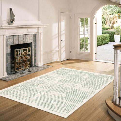 Washable Area Rug - Soft Modern Throw Rugs for Living Room Non-Slip Ultra-Thin Sage Green Lines Borderd Abstract Rugs for Bedroom Entryway Kitchen Foyer Mudroom Dorm Dining Room Carpet