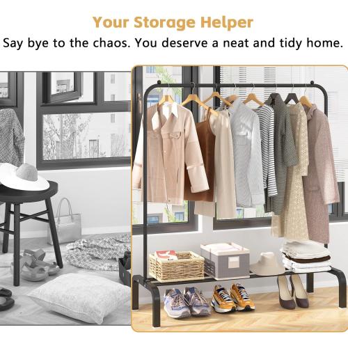 Clothes Rack Metal Clothing Rack with Bottom Shelf Garment Rack for Hanging Clothes Shirts Jeans and Coats Black