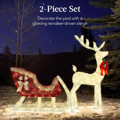Best Choice Products Lighted Christmas 4ft Reindeer & Sleigh Holiday Outdoor Yard Decoration Set w/ 205 LED Lights, Stakes, Zip Ties - Iridescent