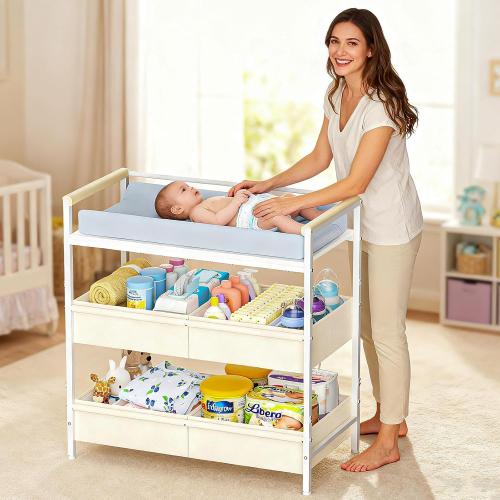 Cidaziya Baby Changing Table with Safety Bumper, Sturdy Diaper Change Station with Adjustable Devider in Large Storage Bin, Nursery Dresser for for Cloth Change, Baby Furniture Diaper Organizer,White