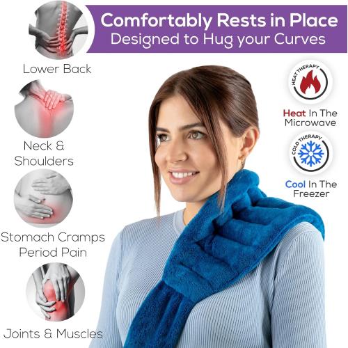 Microwave Heating Pad for Lower Back Pain Relief 20 x 8 with 71 Ties - Cordless Microwavable Moist Heat Therapy Pads - Calming Heat Wrap for Neck & Shoulder - Flaxseed Rice Hot Heat Pack (Med Blue)