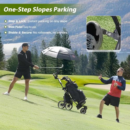 360 Golf Pull Cart: Lightweight Folding Swivel 3 Wheels Golf Caddy with Foot Brake, Cooler Bag, Drink& Umbrella Holder
