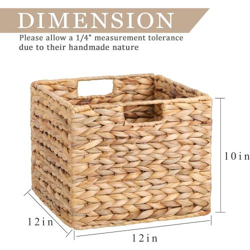 12X12X10in Water Hyacinth Storage Baskets, Wicker Storage Cubes Set of 3, Kitchen Baskets for Pantry Organization, Foldable Square Baskets for Shelves