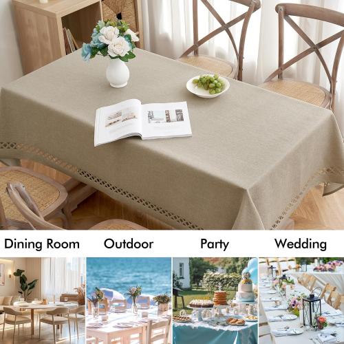 MIULEE Beige Thick Polyester Linen Rectangle Tablecloth Decorative Cutouts Waterproof Stain and Wrinkle Resistant Table Cloth Burlap Farmhouse Table Cover for Dining Party Wedding, 55 x 84 inch
