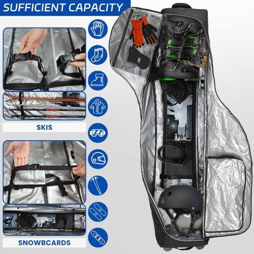 TurnWay Padded Ski Bag with Wheels for Air Travel, Double Rolling Snowboard Bag Heavy Duty Waterproof for Storage & Transportation of Snowboard/Ski Gear