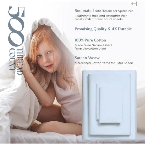 Mayfair Linen 100% Cotton Bed Sheets Queen Sheet Set - 500 Thread Count Sheets Queen Size 4 PC Set (Light Blue), Soft, Cooling, Hotel-Quality 16 Deep Pocket Sateen Cotton Bedsheet for Hot Sleepers