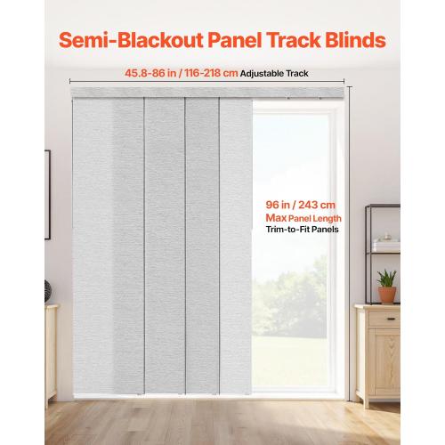 VEVOR Panel Track Blinds, Extendable Track from 45.8 in to 86 in W, Trimmable Panel Curtains Up to 96 in H, Adjustable Vertical Panel Blinds for Sliding Doors, Patio Doors, Room Divider, Window, Gray