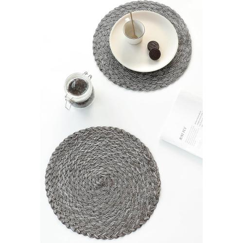 Floroom 15 Inch Round Braided Placemats Set of 4, Washable Heat Resistant Cotton Polyester Circle Boho Place Mats for Kitchen Dining Table - Mist Grey