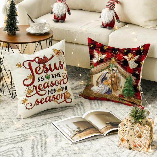 AVOIN colorlife Christmas O Holy Night Jesus Cardinal Buffalo Plaid Throw Pillow Covers, 18 x 18 Inch Christmas Saying Winter Holiday Cushion Case Decoration for Sofa Couch Set of 4
