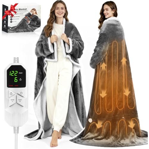 Heated Wearable Blanket with Sleeves & Foot Pocket – Electric Sherpa Blanket 50 * 70, 8 Heat Levels & 6 Timer Settings (1–12 Hours), Cozy Flannel Heated Throw Blanket for Home, Sofa & Bed Use,Grey