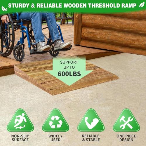 Wooden Threshold Ramp for Home Steps, 7 Rise Doorway Ramp with Non-Slip Grooves, Door Ramp for Wheelchair/Walker/Cart/Scooter, (31.4 W*7.0 H, Solid Pine Wood, 600LBS Capacity)