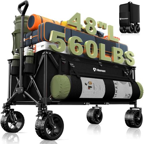 300L Extra Large Wagons Carts Foldable, 560LBS Heavy Duty Collapsible Beach Wagon 48 Long with Big All-Terrain Wheels, Utility Folding Cart for Camping, Grocery, Sports, Garden, Black