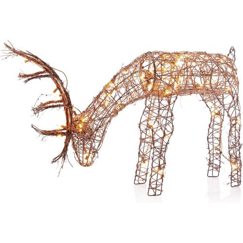 Alpine Corporation 24H Outdoor Rattan Grazing Reindeer Lawn Decoration with White Lights , Christmas Decoration