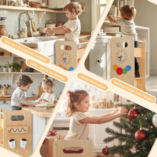 Toddler Tower 4-in-1 Multifunctional Kitchen Stool Helper with Removable Safety Board, Adjustable Heights, Slide, Highchair, Chalkboard, Montessori Games