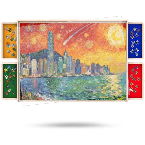 Puzzle Board with Drawers Rotatable 360-Degree Wheels and Cover 34 x 26 1500 Piece Wooden Jigsaw Puzzle Table Storage Organizer Portable Lightweight Design