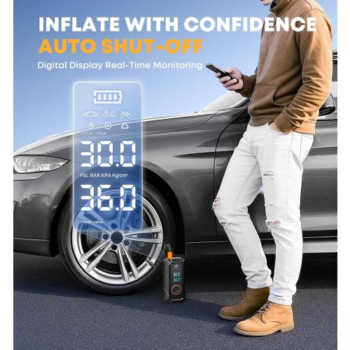 Tire Inflator Portable Air Compressor, Cordless & 12V DC Air Inflator for Car Bikes MotorcycleTires Balls with Auto Shut-Off, Digital Pressure Gauge, Compact Emergency Pump