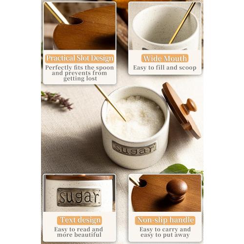LYEOBOH Ceramic Sugar Bowl with Lid and Spoon, 15 OZ Sugar Holder for Coffee Bar Accessories, Sugar Jar for Countertop, Azucarera Farmhouse Home and Kitchen, White