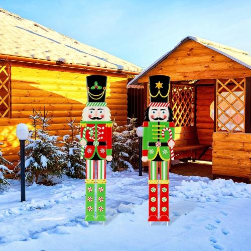 Gisafai 2 Pcs 5ft Large Metal Christmas Nutcracker Outdoor Decoration, Giant Nutcracker Yard Sign with Stakes, Christmas Yard Decor for Garden Pathway Lawn Walkway Holiday Party